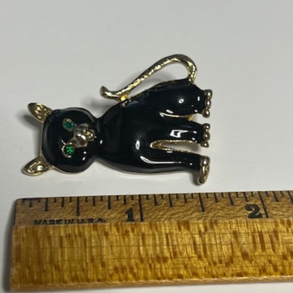 VTG Black Enamel Gold Toned Cat Kitten Brooch Pin Green Eyes 1.5" - Picture 8 of 9